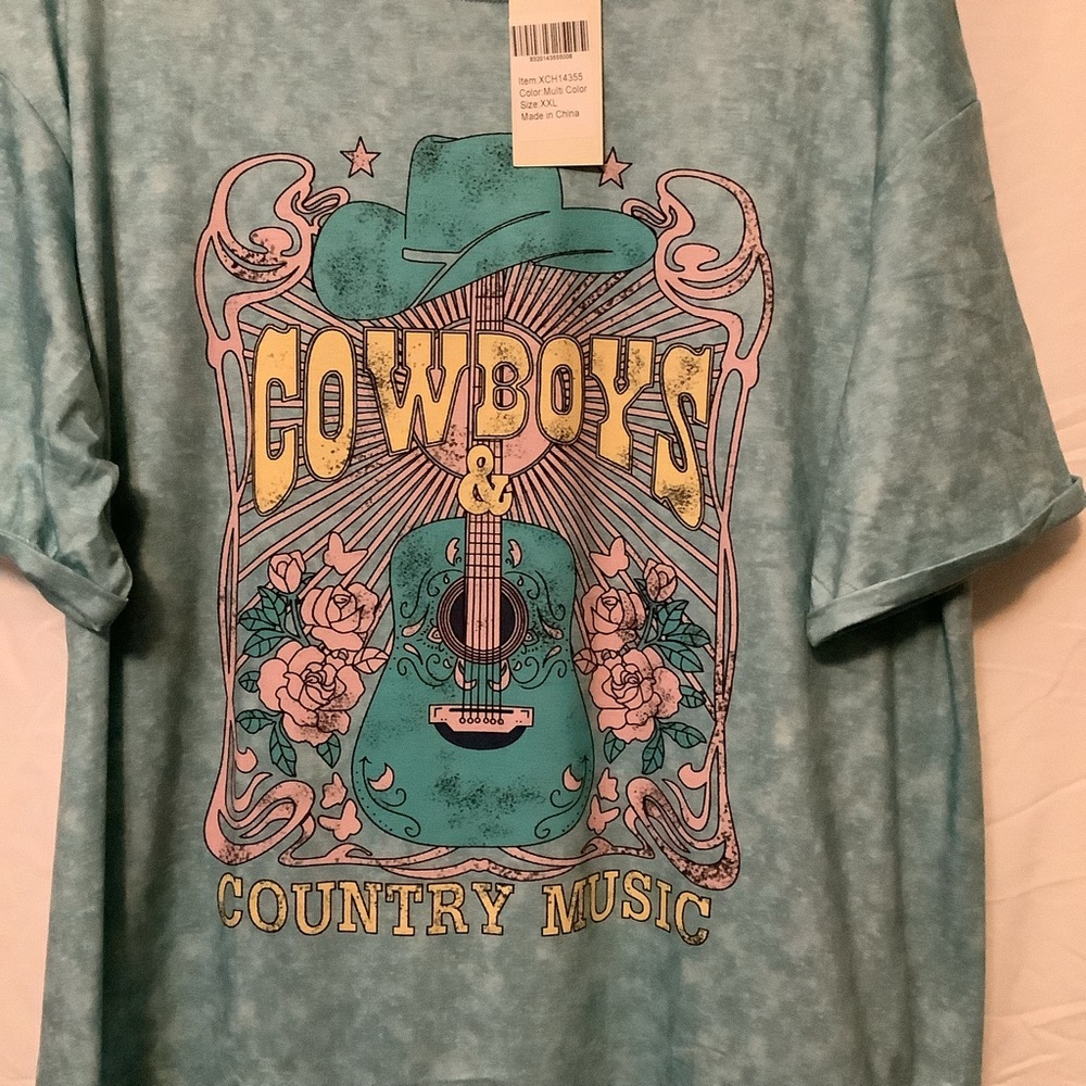 Teal Graphic T-Shirt with Cowboy Design - Picture 3 of 4